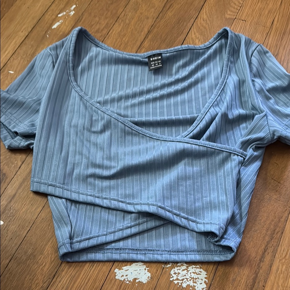 Women's Blue Ribbed Wrap Top